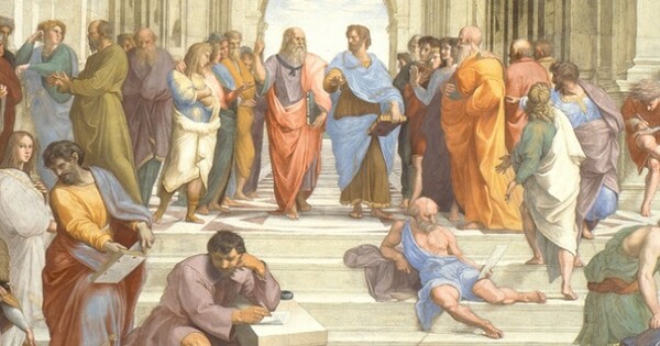 라파엘로의 걸작 '아테네학당'. (가운데) 오른손을 치켜든 플라톤이 오른손으로 땅을 가리키는아리스토텔레스와 함께 있는 모습