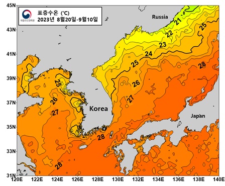 8월 하~9월 초순까지 한반도 주변 해역 표층수온 평균편차 분포(출처=수산과학원)